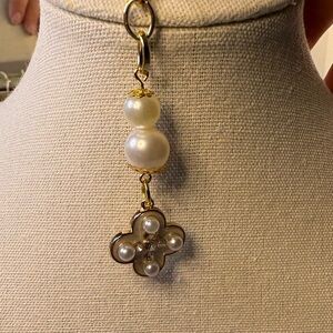 Upcycled Handmade Pearl and Gold Clover Mini Purse Charm